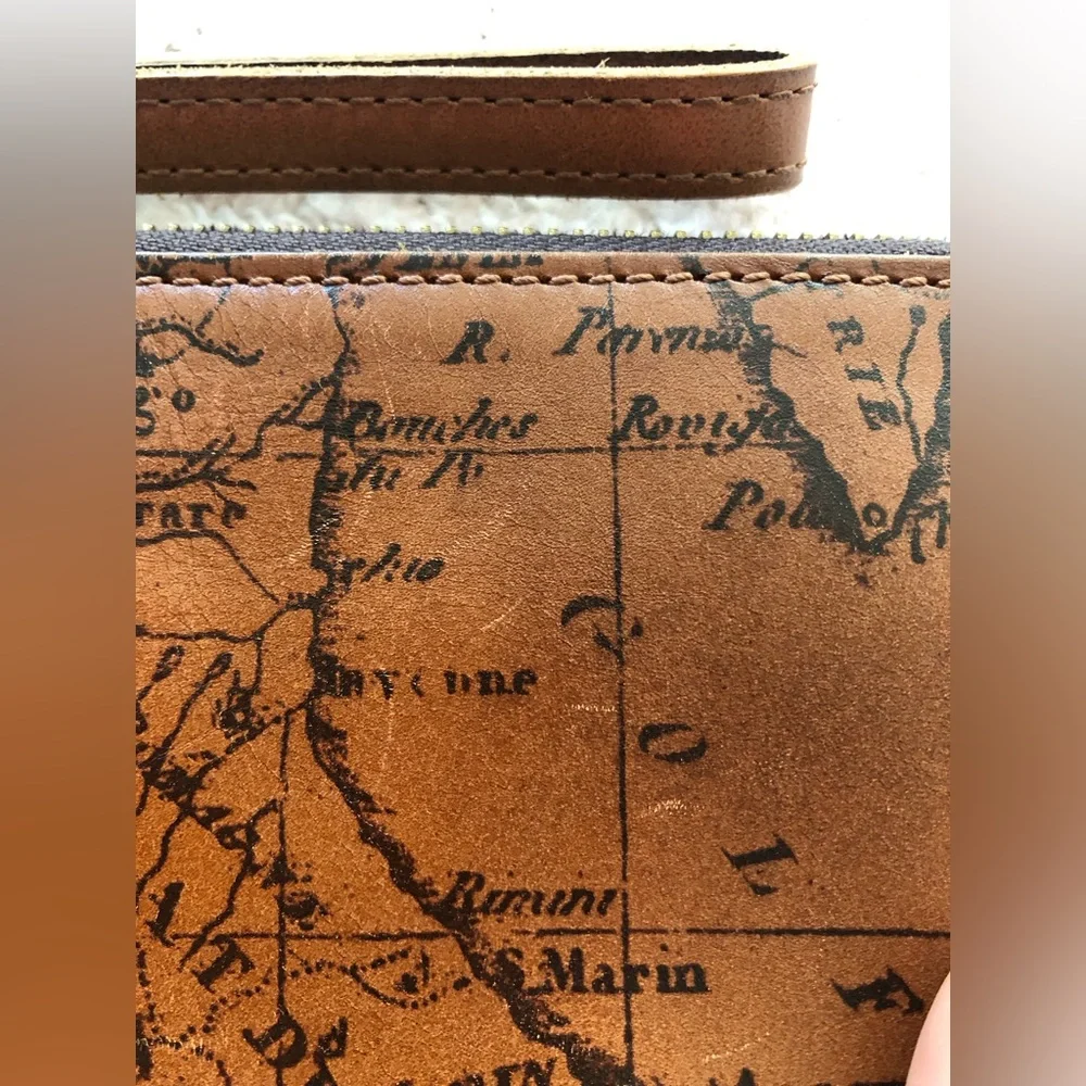 Patricia Nash Leather Wristlet European Map Design Brass Zipper EUC